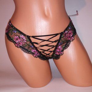Victoria Secret Panty Crotchless Black Floral Embroidered Strappy Very Sexy Open